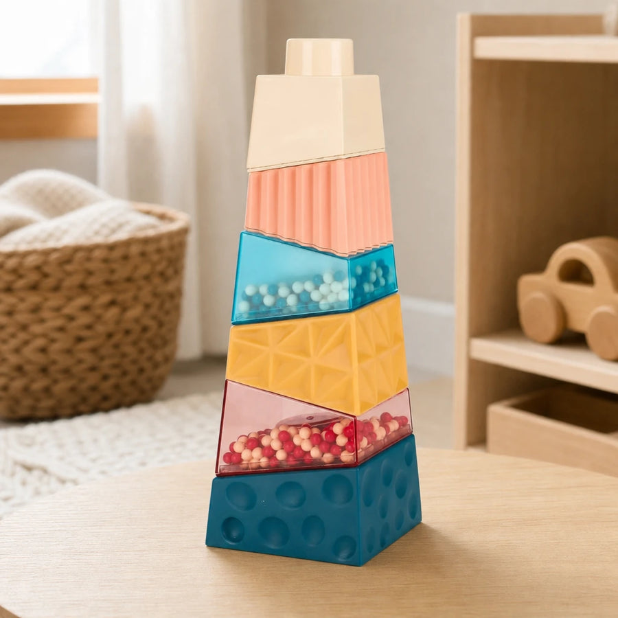Sensory Stacking Blocks with Textured Pieces set out on a real table at home