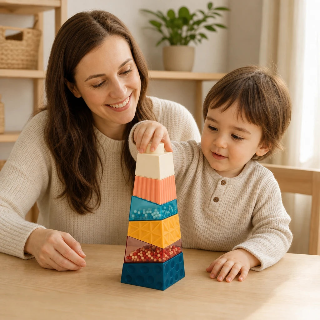 Child playing with the Sensory Stacking Blocks with Textured Pieces