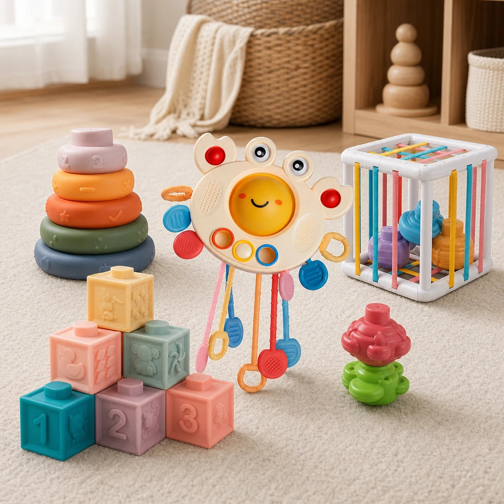 Sensory Toys Baby 4-in-1 Montessori Set set out on a real table at home