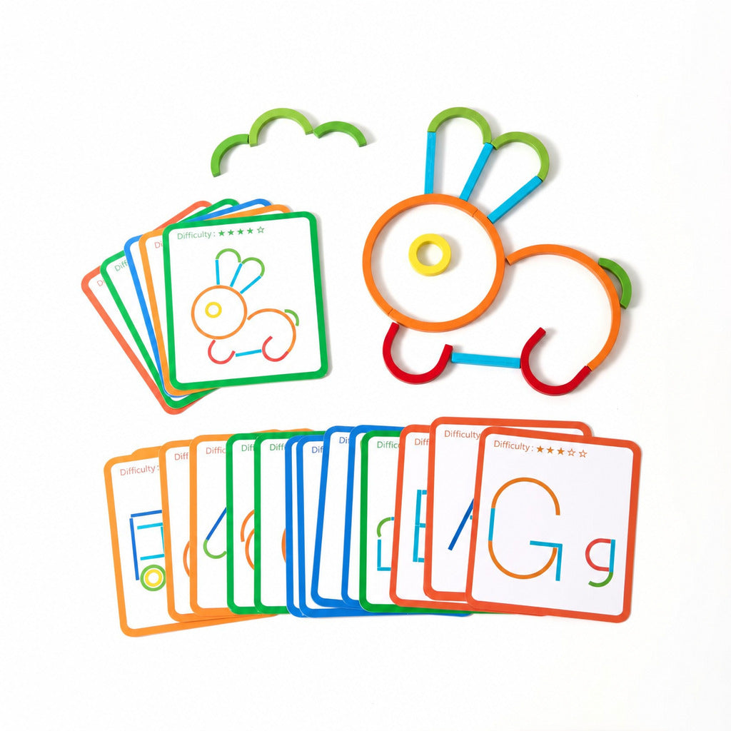 Shape building cards with sticks and rings forming a rabbit outline