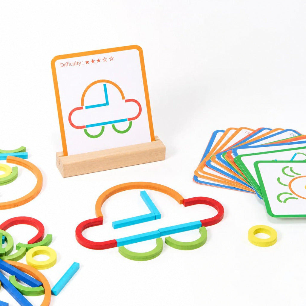 Card stand with sticks and rings arranged into a cloud shape