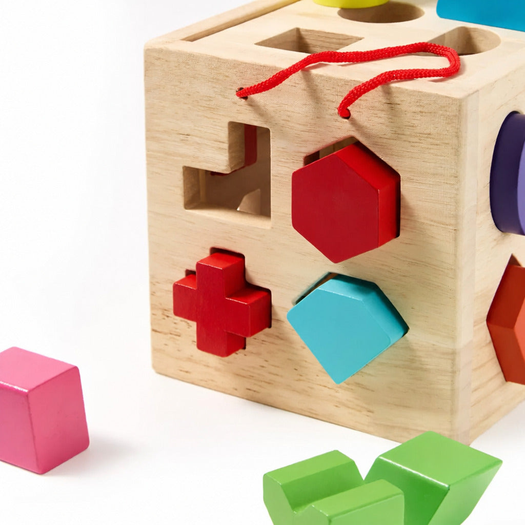 Wooden shape sorter cube with geometric blocks around its base