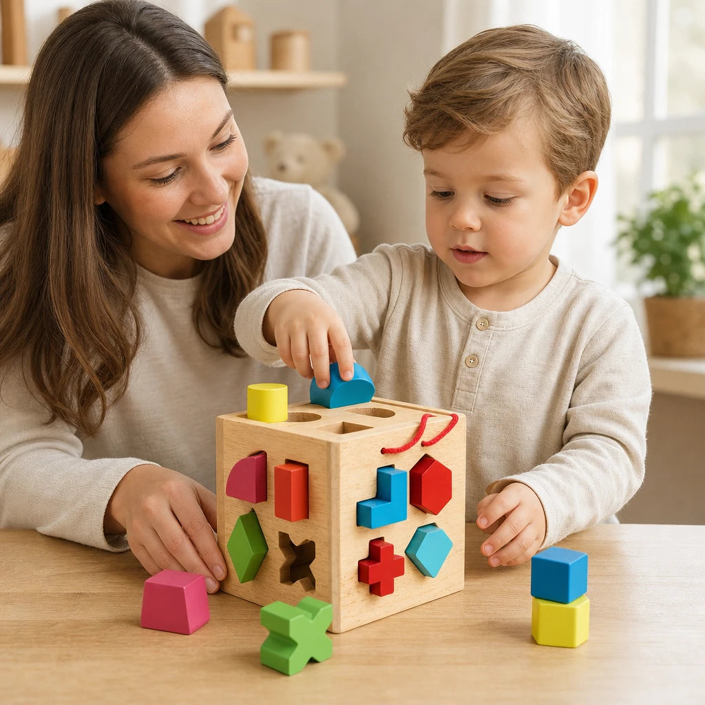 Child playing with the Shape Sorter Cube with Geometric Blocks