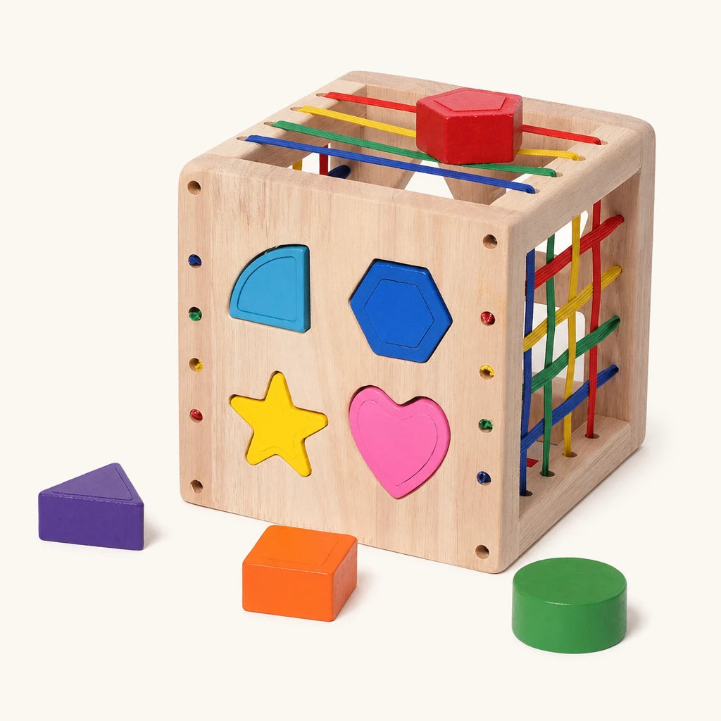 Shape Sorting Cube Wooden Montessori Toy shown complete on a plain background