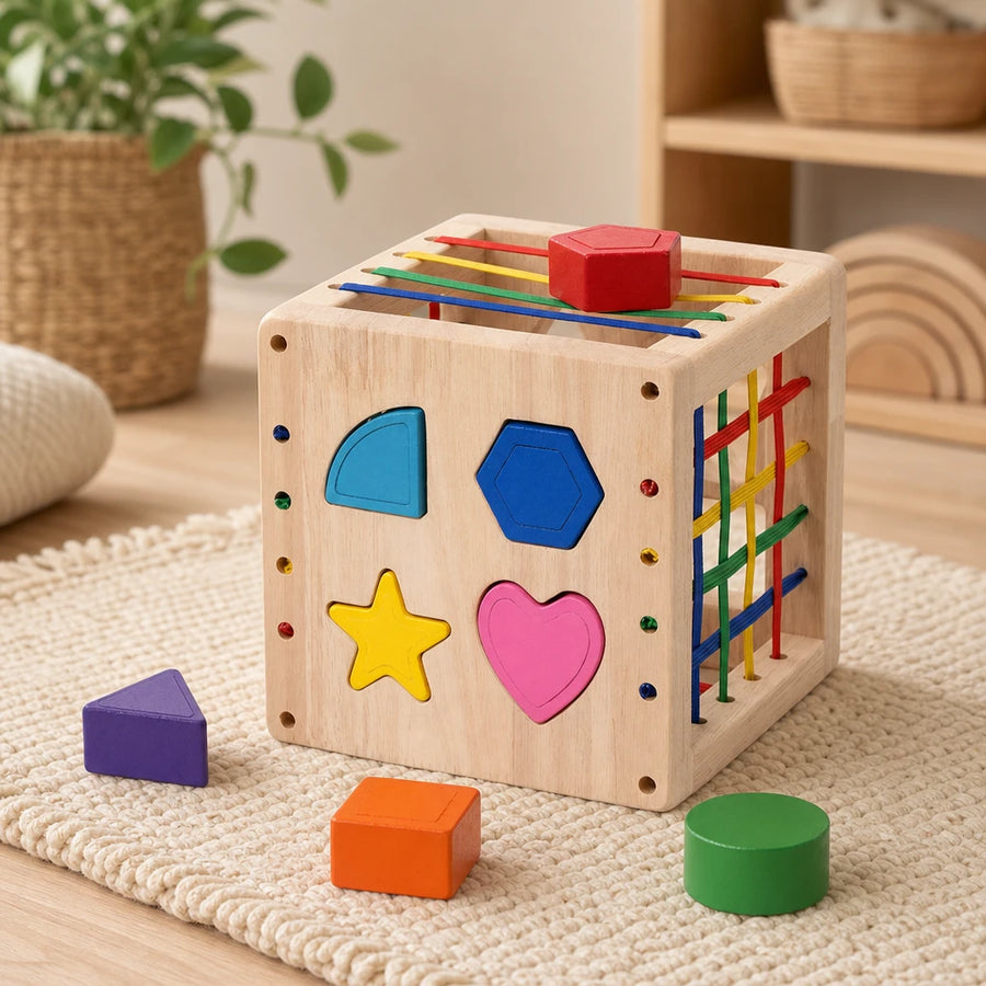 Shape Sorting Cube Wooden Montessori Toy set out on a real table at home