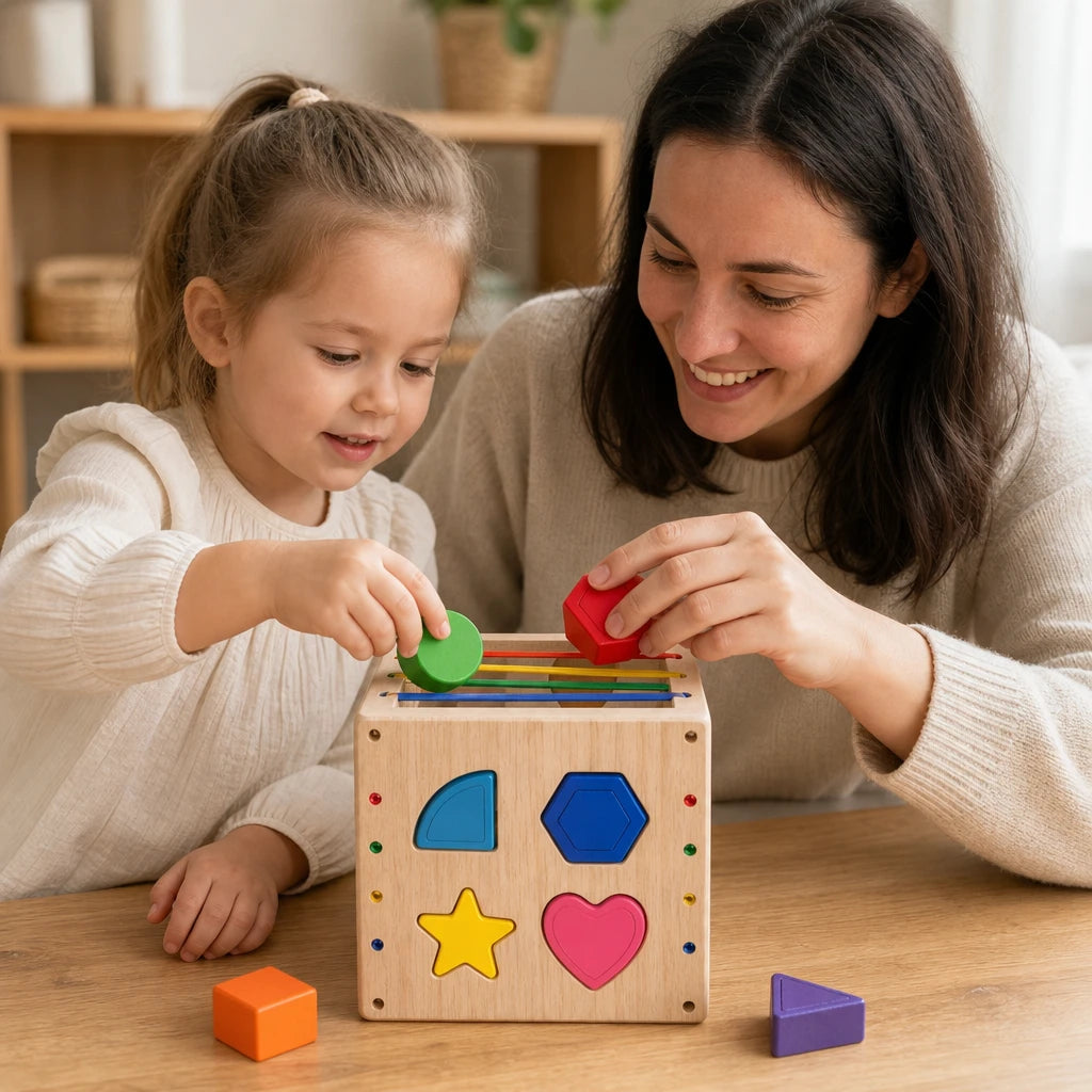 Child playing with the Shape Sorting Cube Wooden Montessori Toy