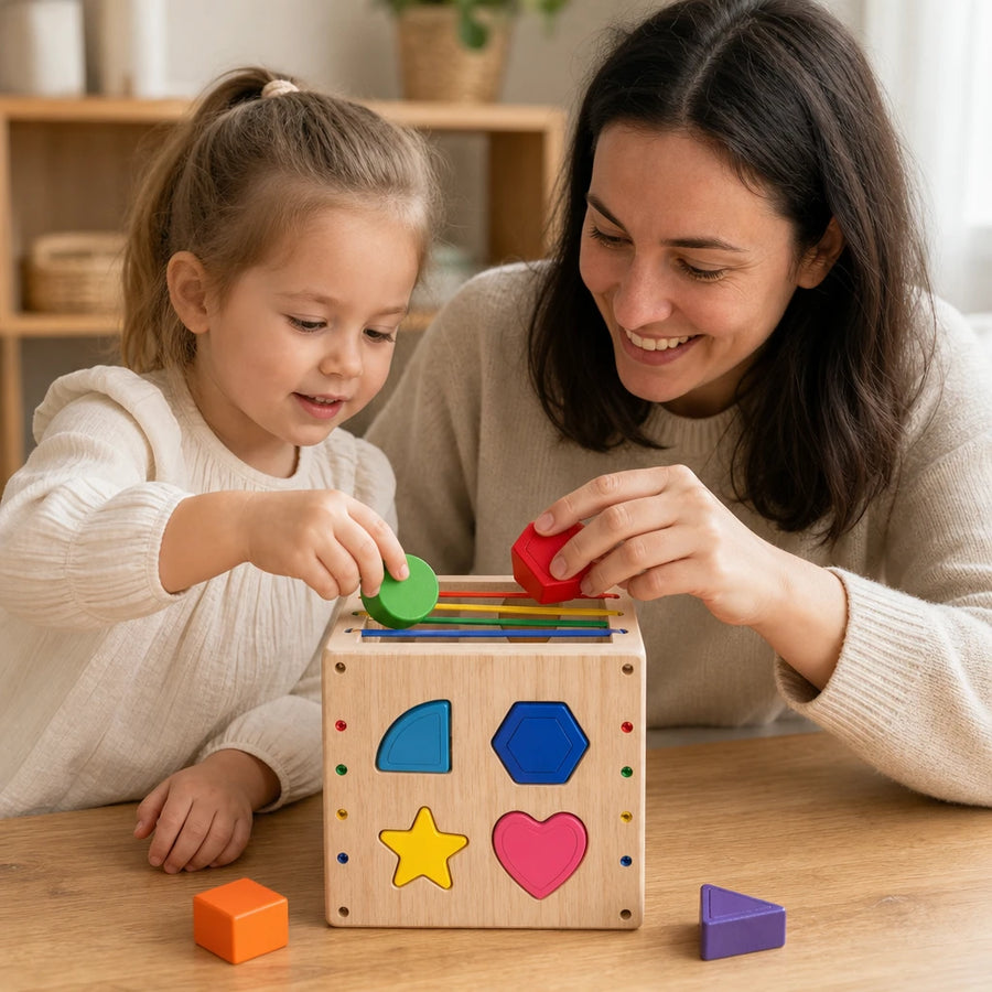 Child playing with the Shape Sorting Cube Wooden Montessori Toy