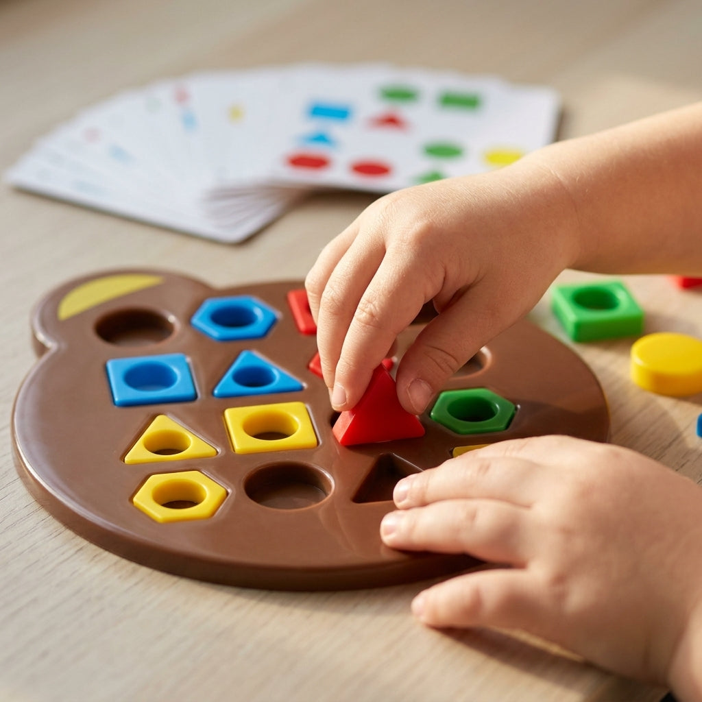 Child placing shapes on the bear sorting board beside pattern cards