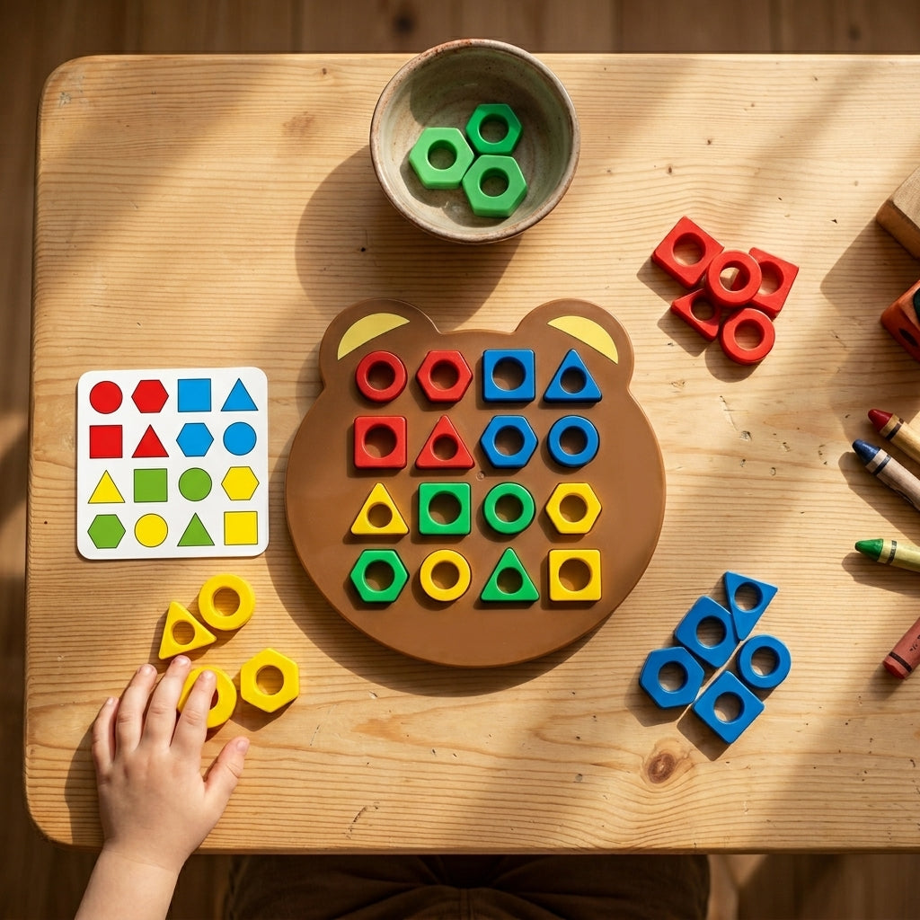 Overhead view of the bear sorting board in use at a wooden table