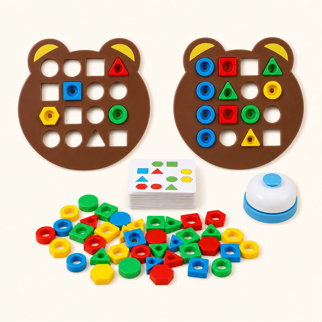 Shape Sorting Puzzle Bear Board with Pattern Cards shown complete on a plain background
