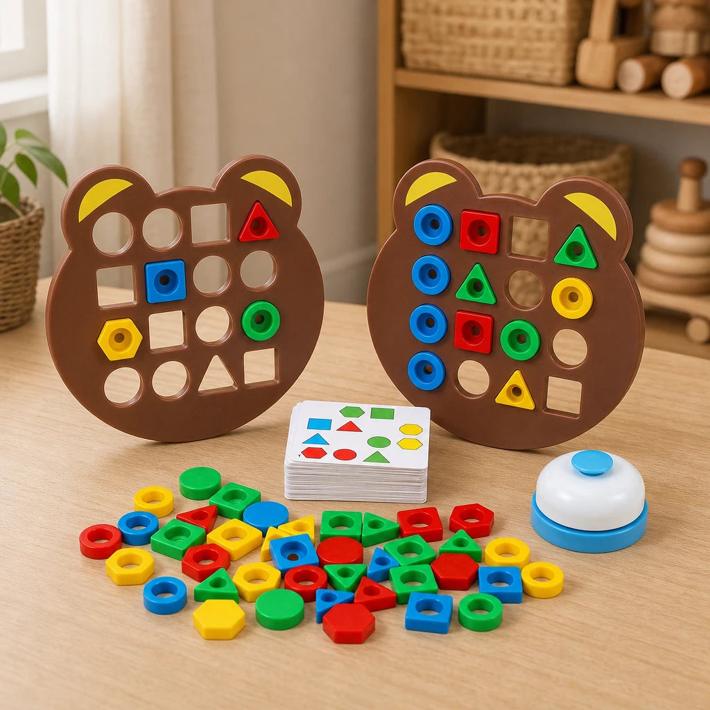 Shape Sorting Puzzle Bear Board with Pattern Cards set out on a real table at home