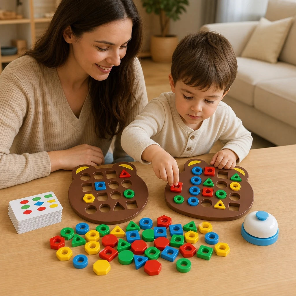 Child playing with the Shape Sorting Puzzle Bear Board with Pattern Cards