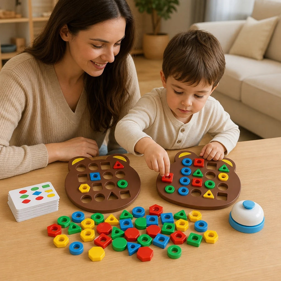 Child playing with the Shape Sorting Puzzle Bear Board with Pattern Cards