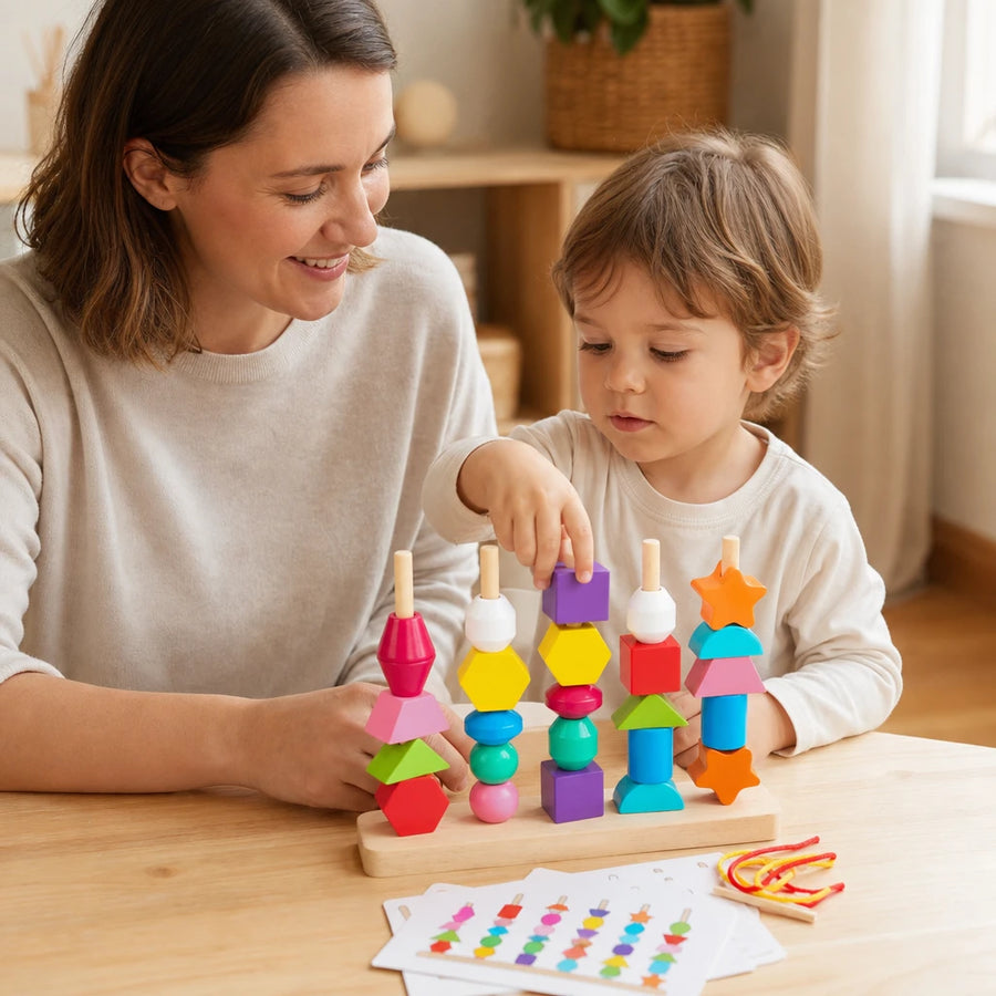 Child playing with the Shape Sorting Toy with Colorful Wooden Beads