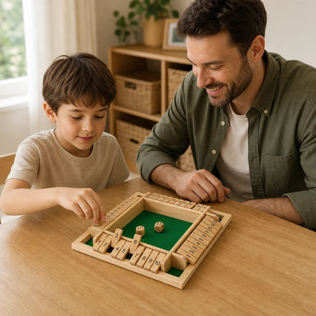 Child playing with the Shut the Box Game – Wooden Math Learning
