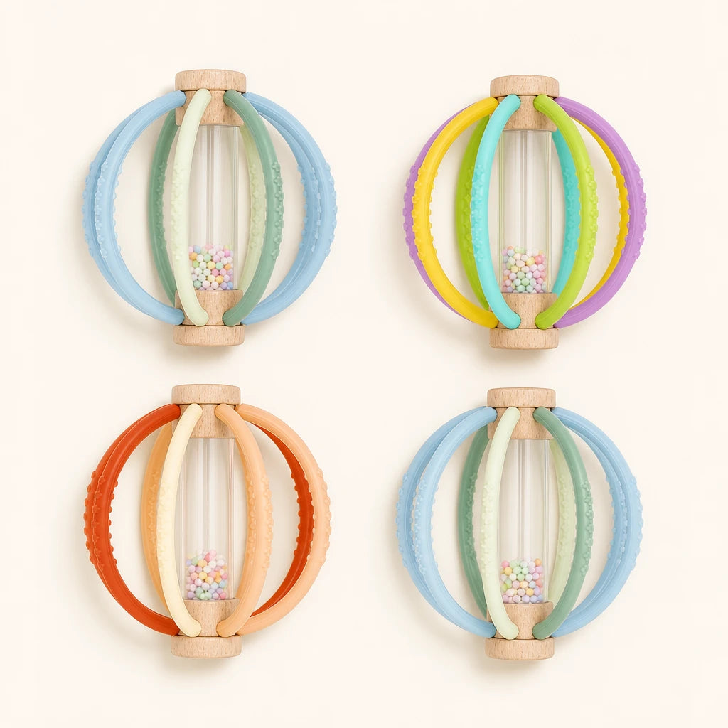 Silicone Teething Rattle Ball – Wooden Sensory Toy shown complete on a plain background