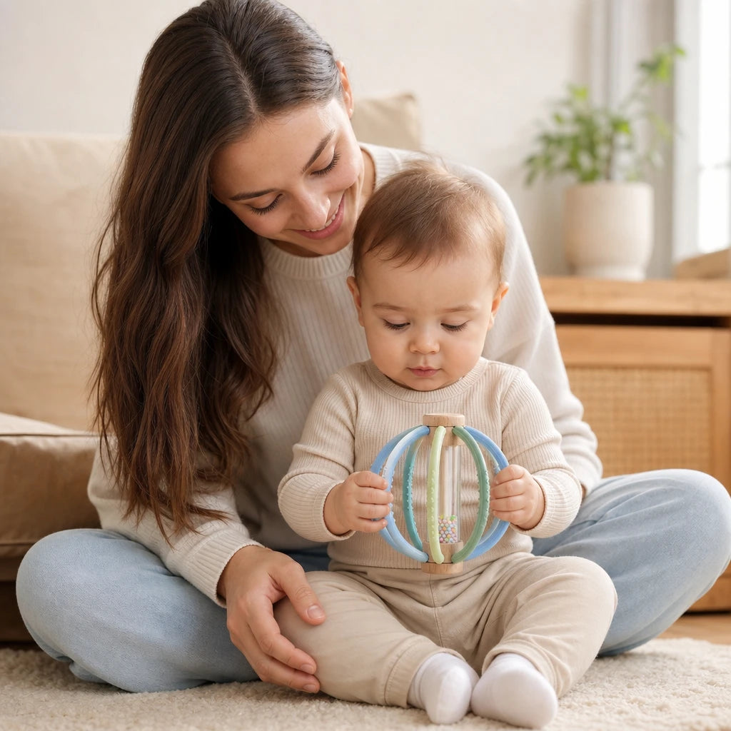 Child playing with the Silicone Teething Rattle Ball – Wooden Sensory Toy