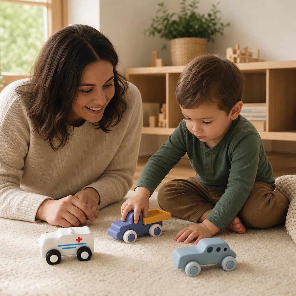 Child playing with the Soft Toy Cars 3-Piece Set for Toddlers