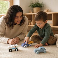 Child playing with the Soft Toy Cars 3-Piece Set for Toddlers