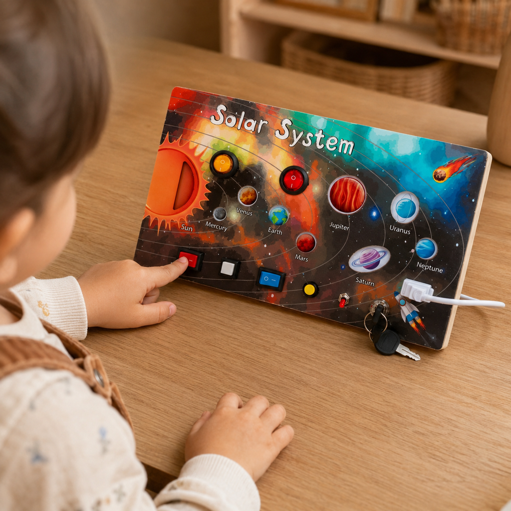Solar System Busy Board LED Light Toy - utilisation close up