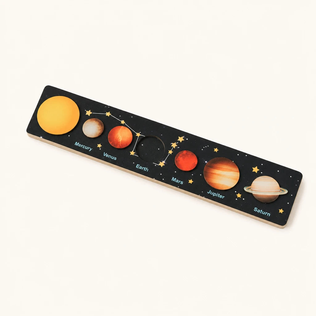 Solar System Puzzle with Planets and Knobs shown complete on a plain background
