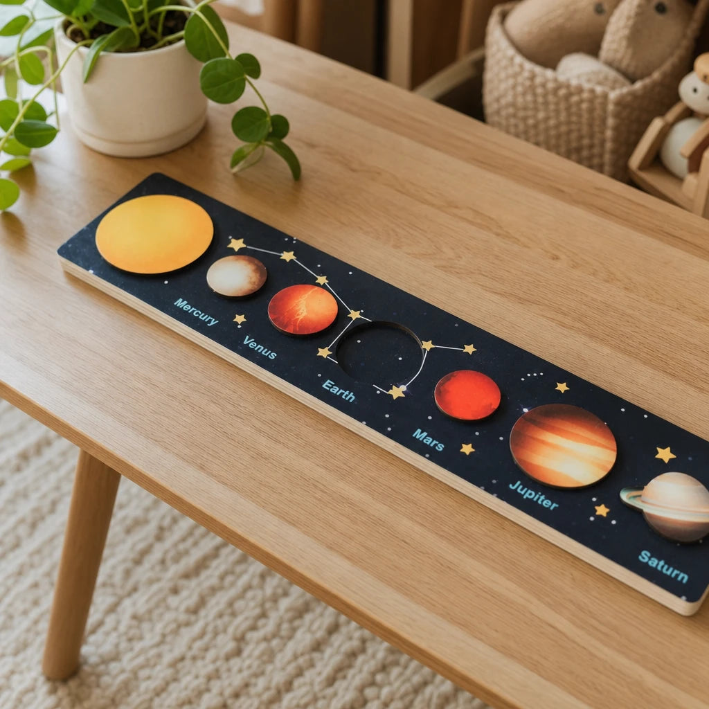 Solar System Puzzle with Planets and Knobs set out on a real table at home