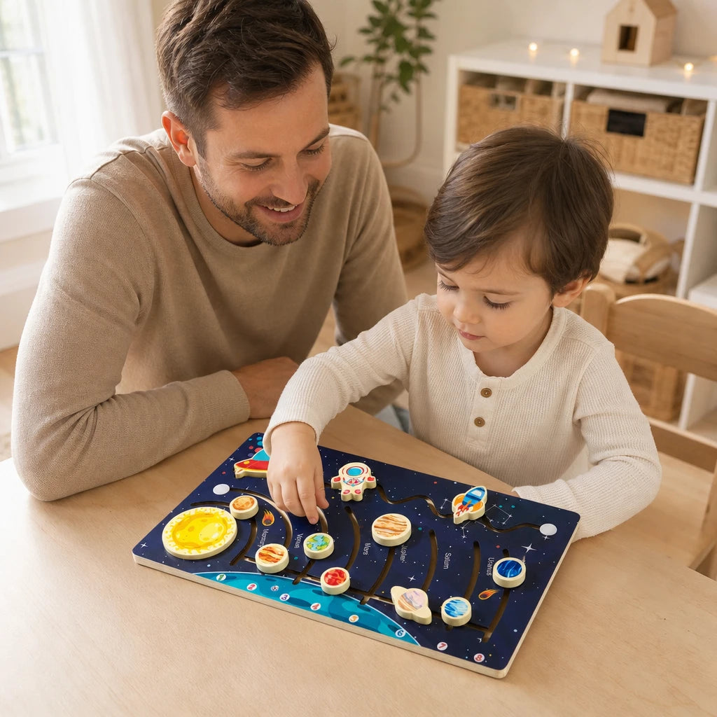 Child playing with the Solar System Puzzle Wooden Space Toddlers