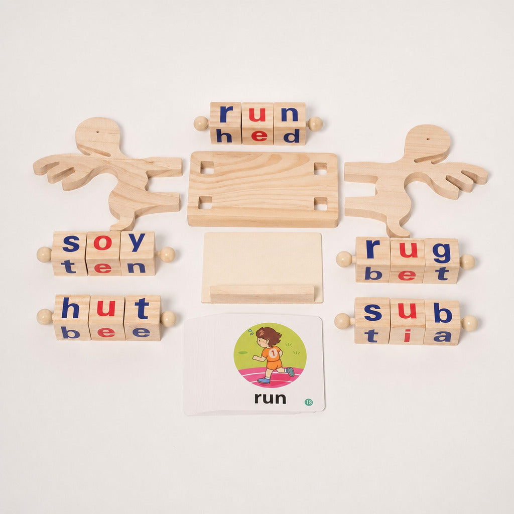 Spelling blocks robots holding letter cubes beside a word card