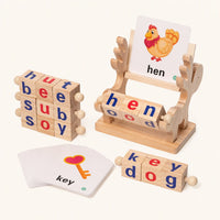 Spelling Blocks Wooden Learning Set with Cards shown complete on a plain background