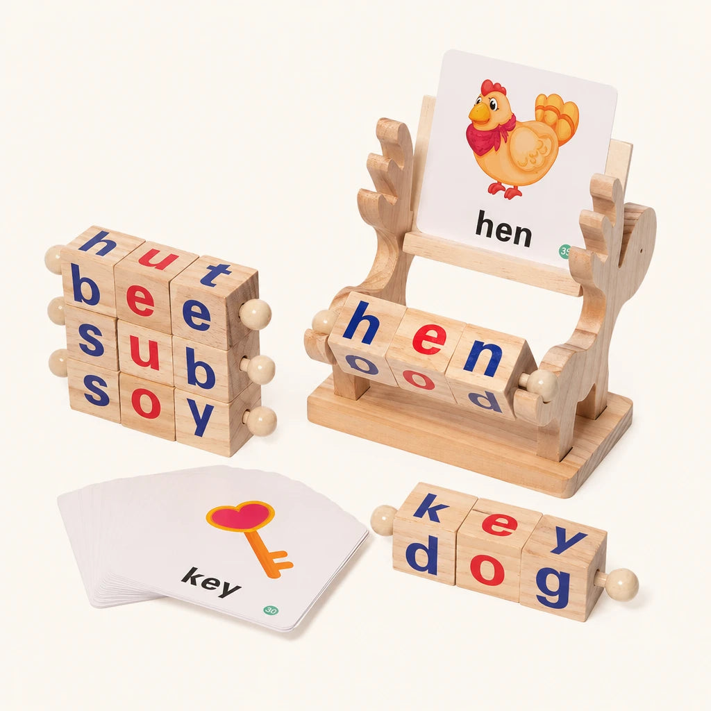 Spelling Blocks Wooden Learning Set with Cards shown complete on a plain background