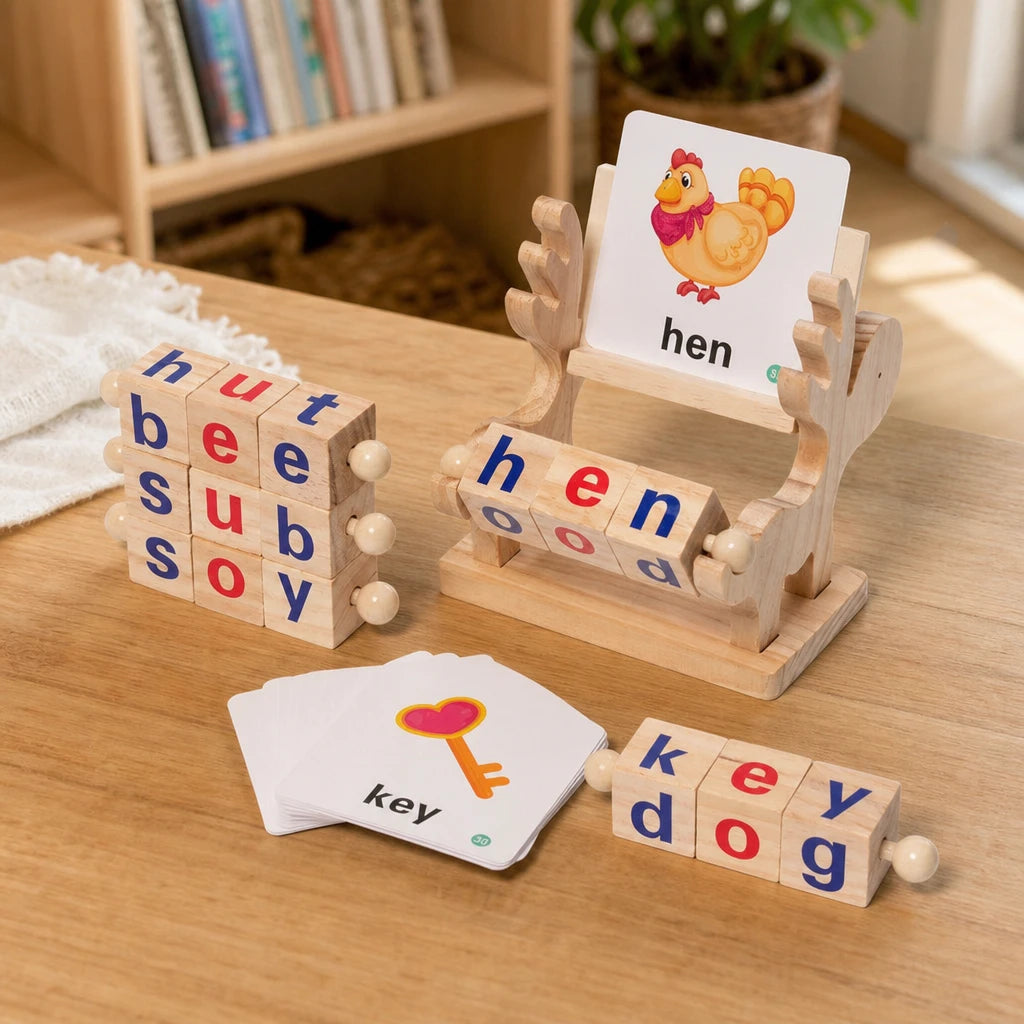 Spelling Blocks Wooden Learning Set with Cards set out on a real table at home