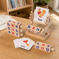 Spelling Blocks Wooden Learning Set with Cards set out on a real table at home