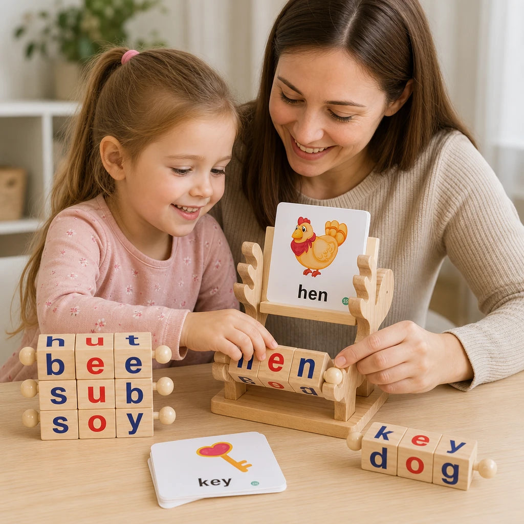 Child playing with the Spelling Blocks Wooden Learning Set with Cards