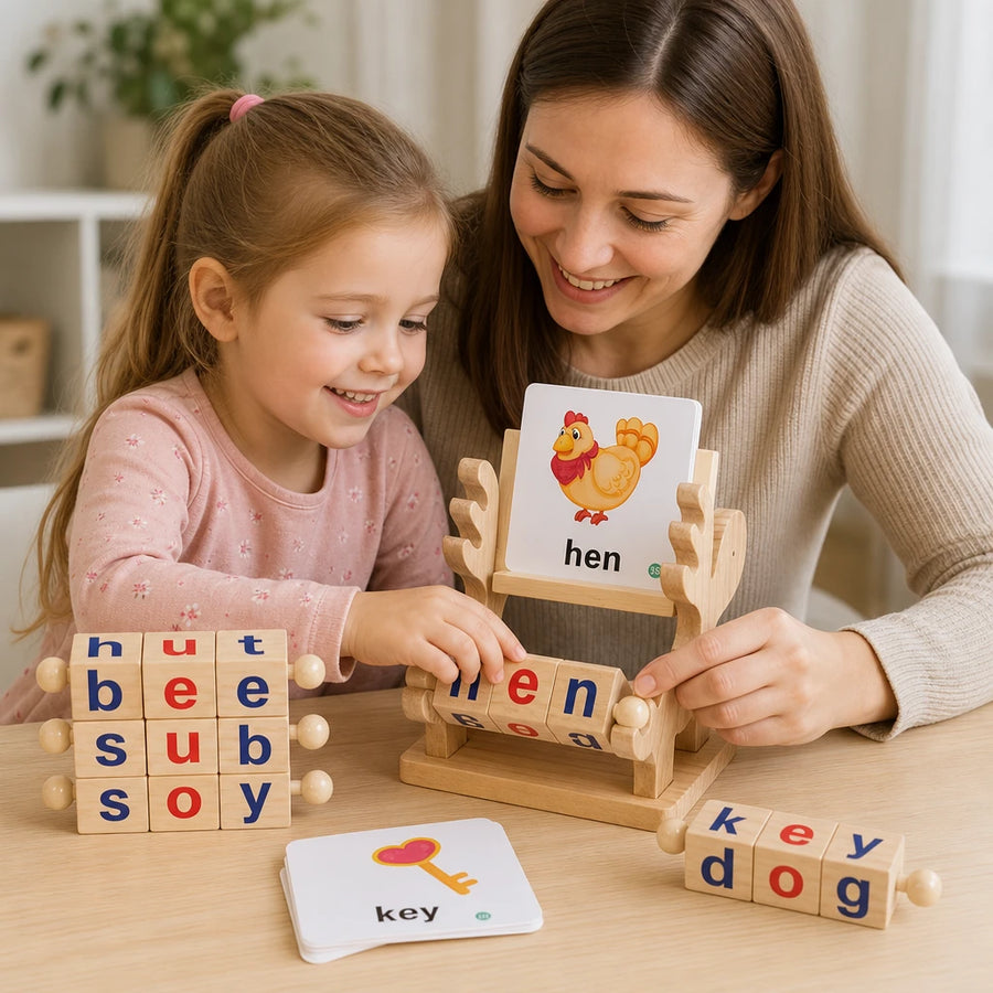 Child playing with the Spelling Blocks Wooden Learning Set with Cards