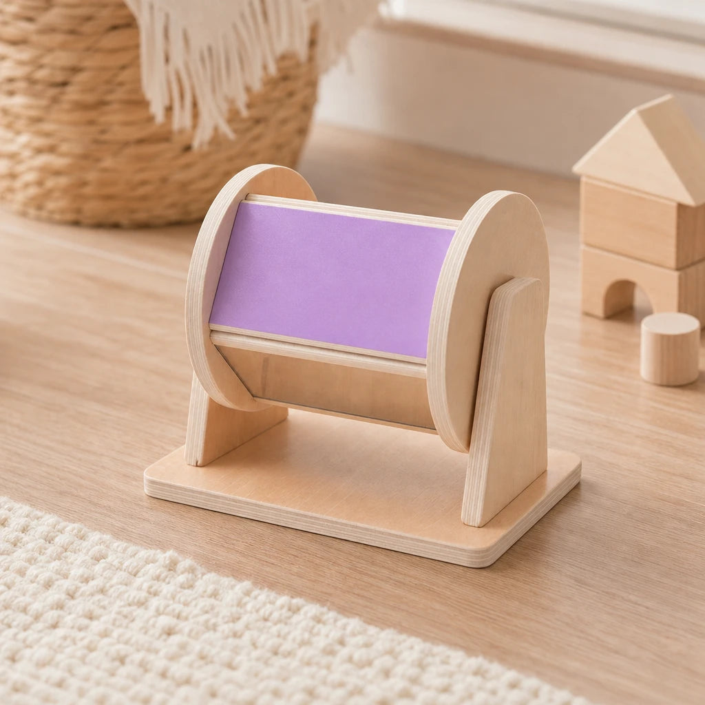 Spinning Drum Toy Montessori Wooden Sensory shown on a real table surface