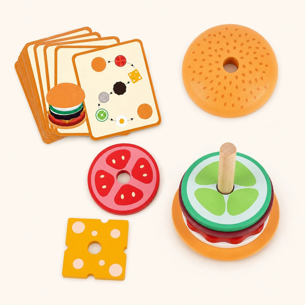 Stacking Burger Toy with Challenge Cards shown complete on a plain background