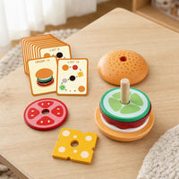 Stacking Burger Toy with Challenge Cards set out on a real table at home