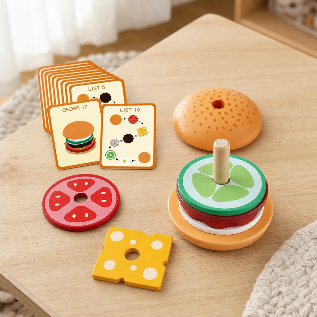 Stacking Burger Toy with Challenge Cards set out on a real table at home