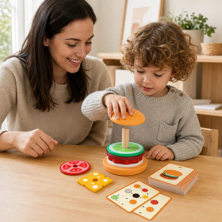Child playing with the Stacking Burger Toy with Challenge Cards