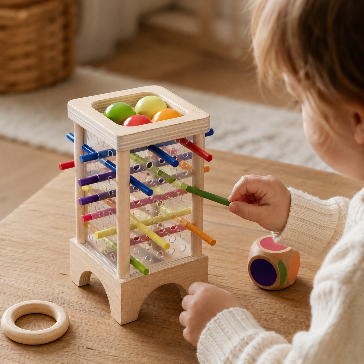Stick Pulling Game Wooden Montessori Tower - utilisation close up