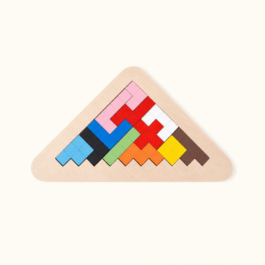 Tangram Puzzle Triangle Wooden shown complete on a plain background
