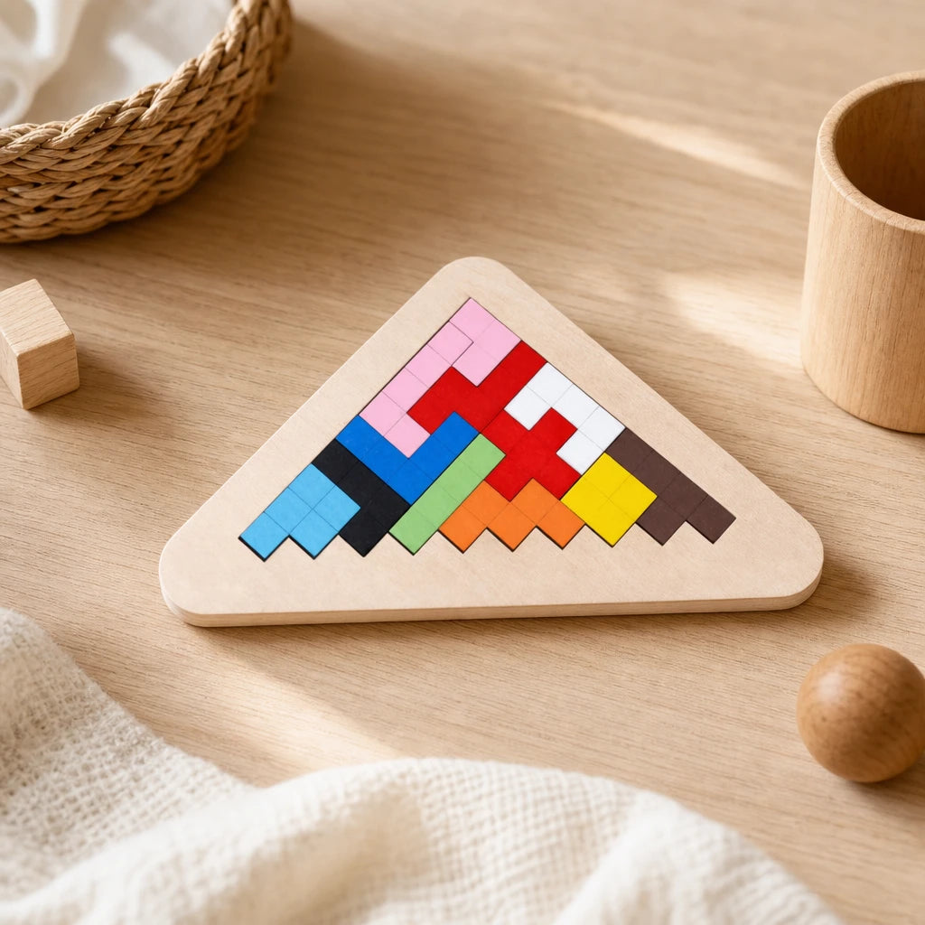 Tangram Puzzle Triangle Wooden set out on a real table at home
