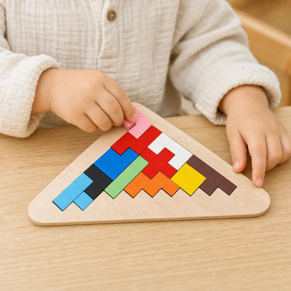 Close-up of a child's hands using the Tangram Puzzle Triangle Wooden