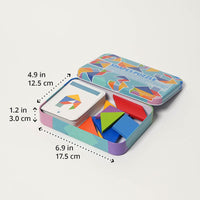 Tangram pieces and pattern cards in their storage tin, shown with dimensions