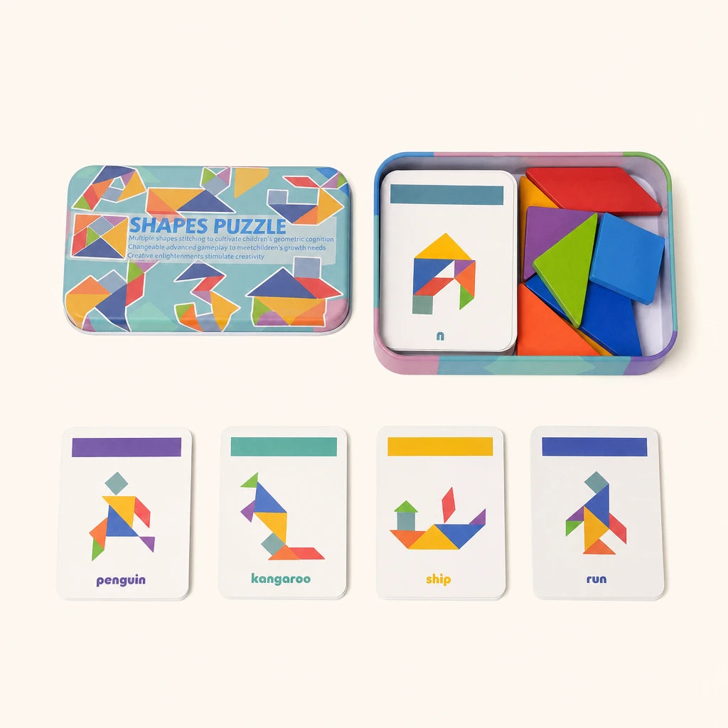 Tangram Puzzle with 50 Pattern Cards shown complete on a plain background