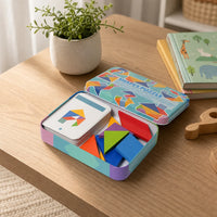 Tangram Puzzle with 50 Pattern Cards set out on a real table at home