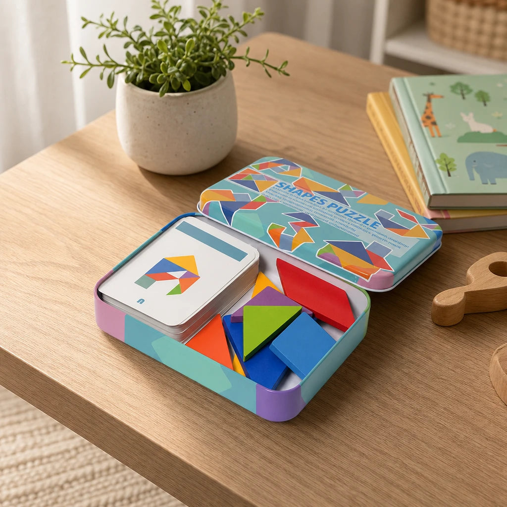 Tangram Puzzle with 50 Pattern Cards set out on a real table at home