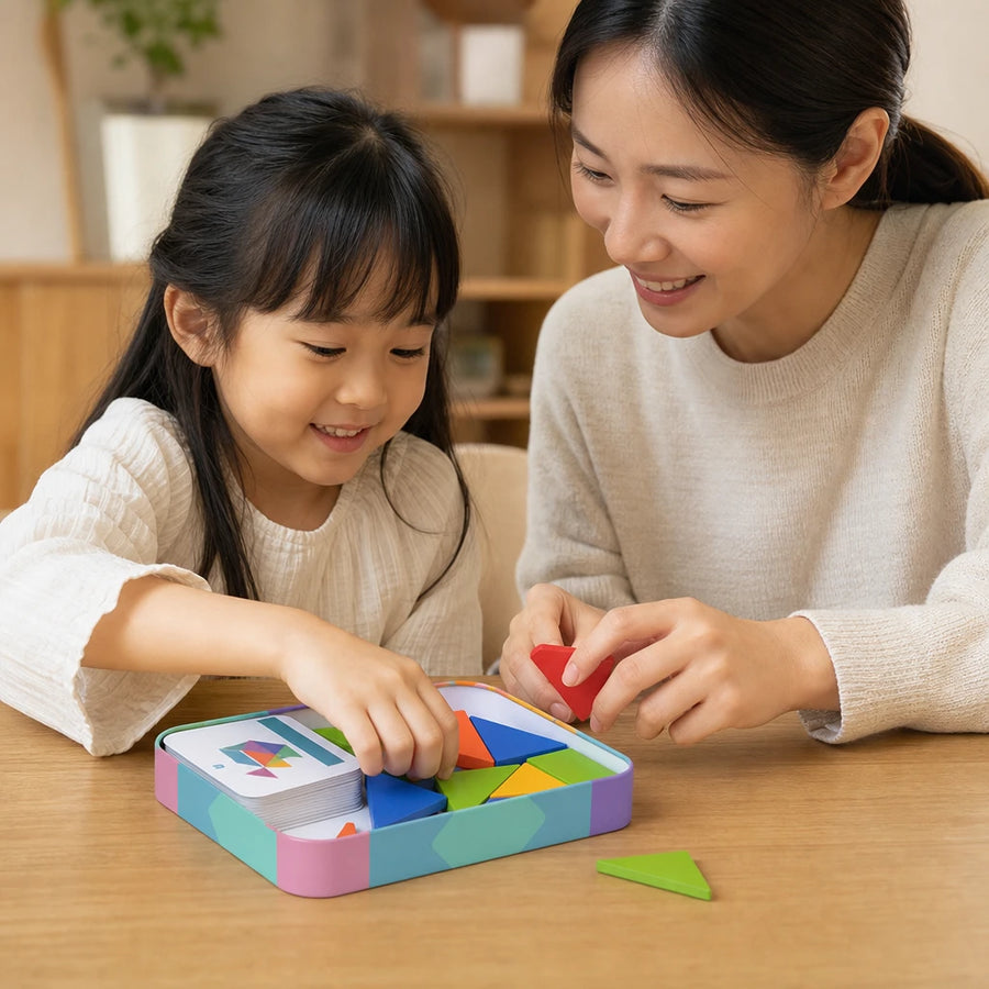 Child playing with the Tangram Puzzle with 50 Pattern Cards