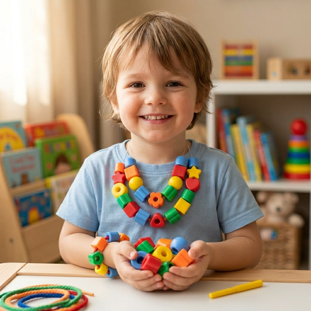 Boy smiling while wearing beads he has threaded onto a lace