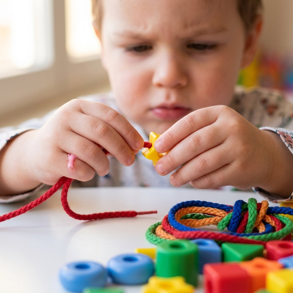 Toddler concentrating on threading a bead onto a red cord